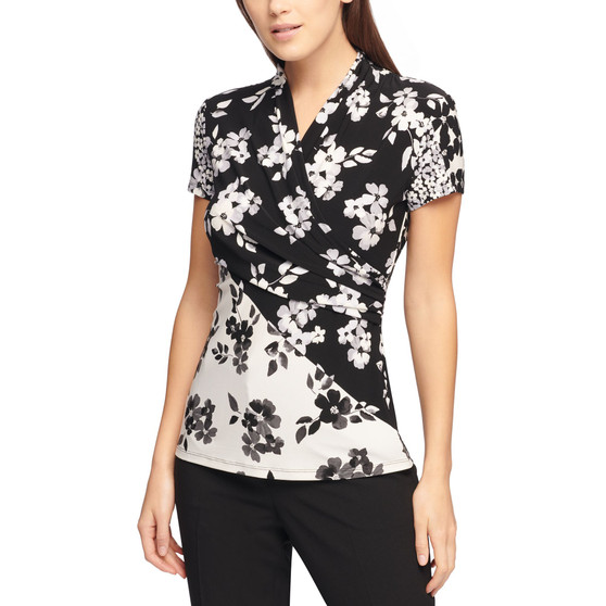 Women's Floral Print Matte Jersey Faux Wrap Top