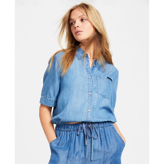 Women's Cropped Drawstring-Hem Collared Shirt