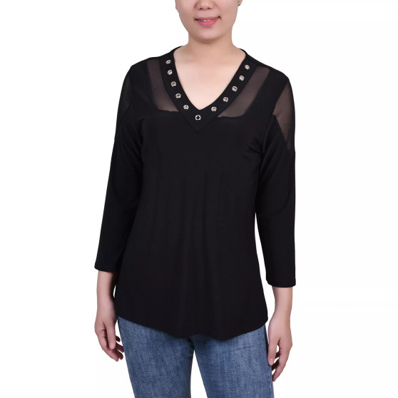 Petite Long Sleeve Top with Mesh Insets