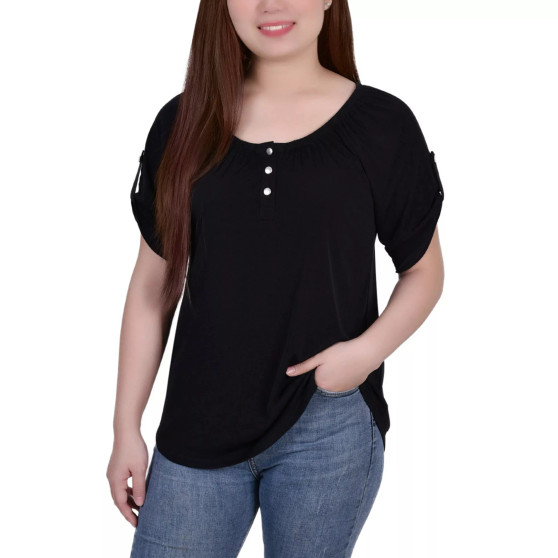 Petite Size Short Sleeve Round Neck Henley Top