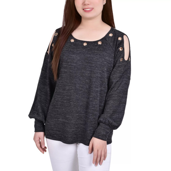 Petite Long Sleeve Shoulder Cutout Tunic Top