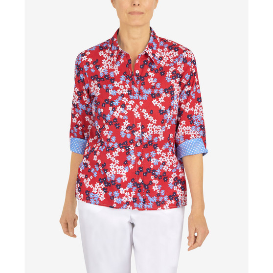 Petite Polka Dot Trim Floral Button Down Top