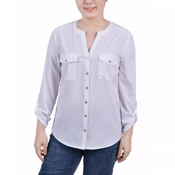 Petite Size 3/4 Sleeve Roll Tab Y-neck Blouse