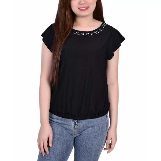 Petite Size Short Flutter Sleeve Top with Studded Neckline