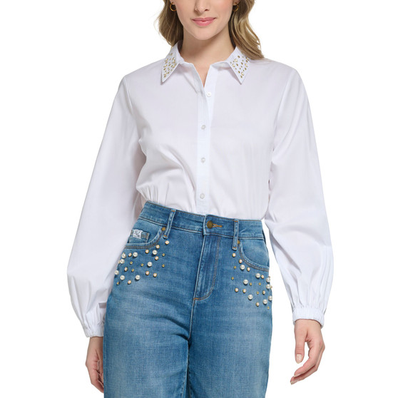 Women's Cotton Poplin Imitation Pearl Blouse