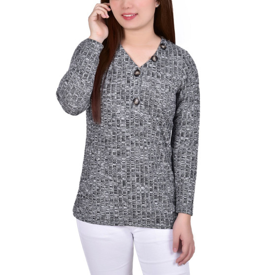 Petite Long Sleeve Ribbed Henley Top
