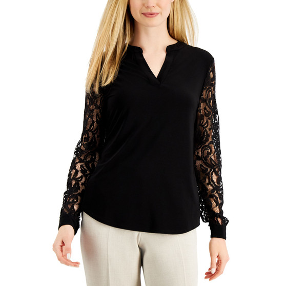 Women's Split-Neck Lace-Sleeve Blouse