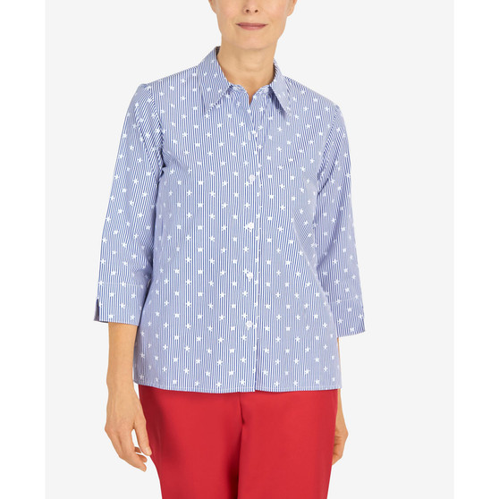 Petite Stars On Stripe Button Down Top