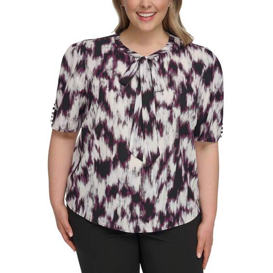 Plus Size Printed Tie-Neck Top