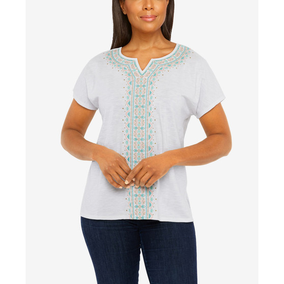 Petite Coconut Grove Center Geo Embroidery Short Sleeve Top