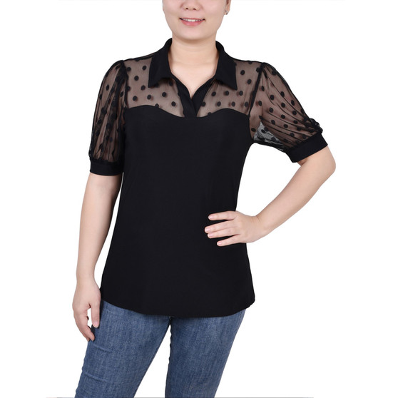 Petite Short Sleeve Dotted Mesh Top