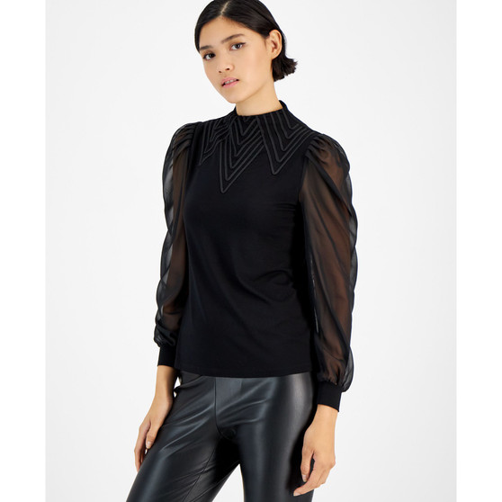 Women's Embroidered Funnel-Neck Sheer-Sleeve Top, Created for Macy's