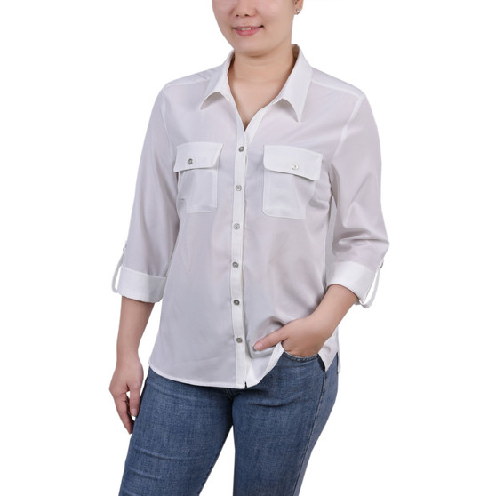 Petite 3/4 Roll Tab Blouse with Pockets