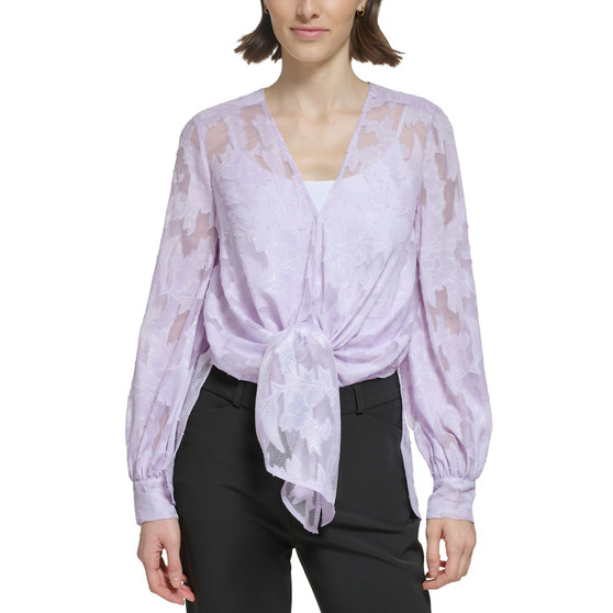 Women's Burnout Floral Print Tie-Front Blouson Top
