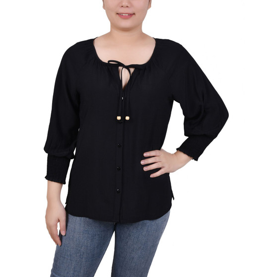 Petite Button Front 3/4 Sleeve Blouse