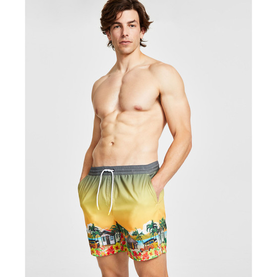 Men's Hawaii Tropical Print Drawstring Swim Trunks
