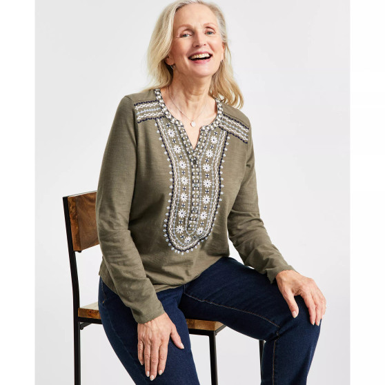 Petite Cotton Embroidered Long-Sleeve Top, Created for Macy's