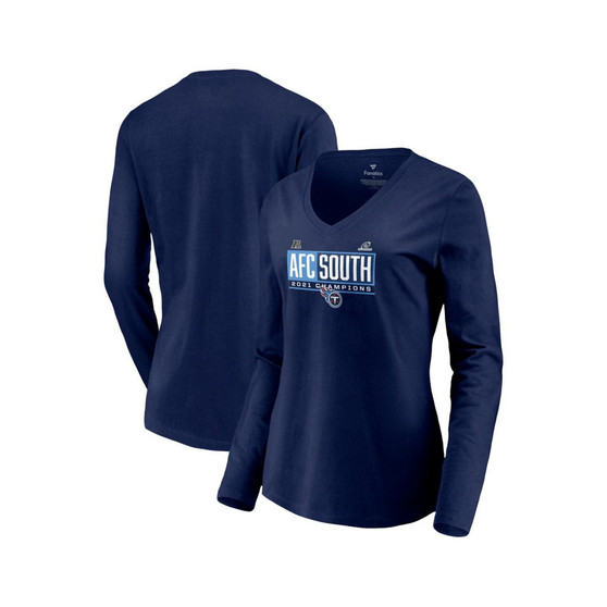 Women's Navy Tennessee Titans 2021 AFC South Division Champions Blocked Favorite V-Neck Long Sleeve T-shirt