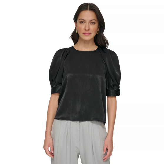 Women's Satin Crew-Neck Puffed-Sleeve Top