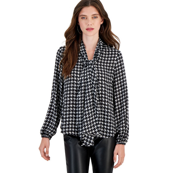 Women's Houndstooth Tie-Neck Long-Sleeve Blouse, Created for Macy's