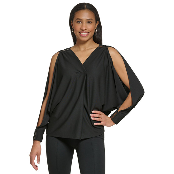 Women's Matte Jersey Slit-Sleeve V-Neck Top