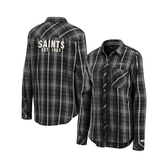 Women's Gray New Orleans Saints Button-Up Plaid Long Sleeve Shirt