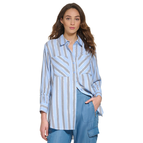 Women's Striped Metallic Long-Sleeve Drawstring-Cuff Shirt
