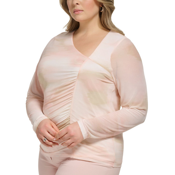 Plus Size Asymmetrical-Neck Ruched Long-Sleeve Top