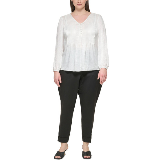 Plus Size V-Neck Pintuck-Front Blouse