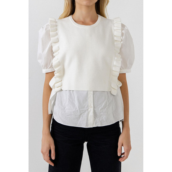Women's Short Puff Sleeve Shirt with Ruffed Sweater