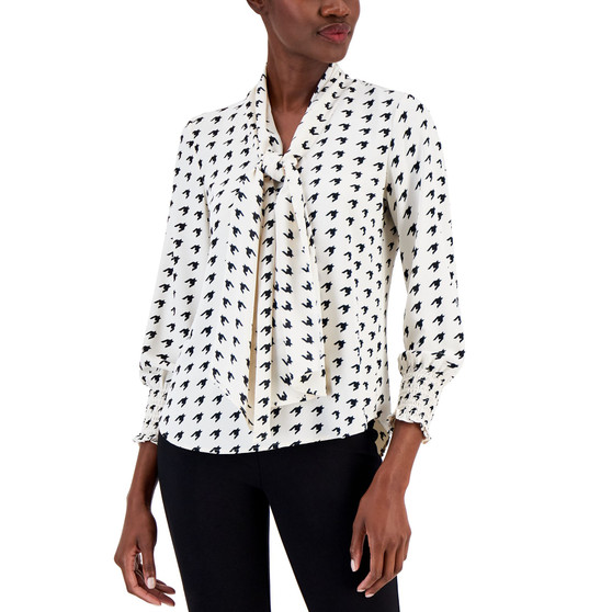 Women's Printed Tie-Neck Smocked-Cuff Blouse
