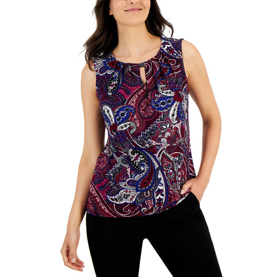 Women's Paisley Pleated Keyhole Scoop-Neck Top