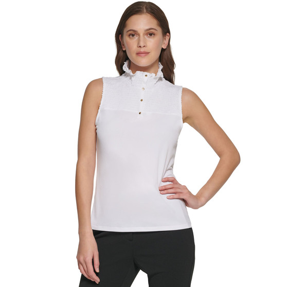 Women's Smocked-Yoke Mock-Neck Sleeveless Top