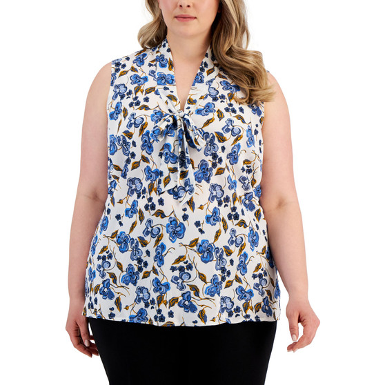 Plus Size Sleeveless Floral-Print Tie-Neck Top