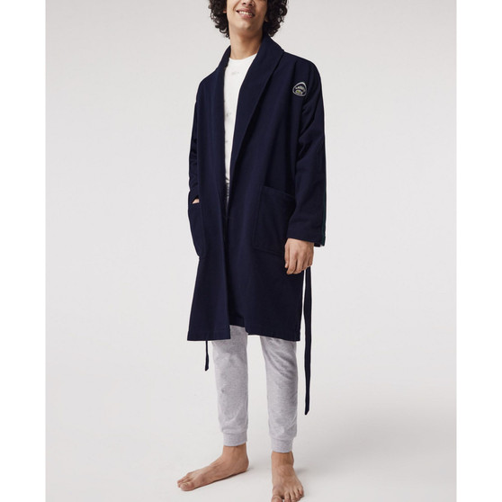 Men's Sport-Inspired Textured Badges Cotton Pique Bathrobe