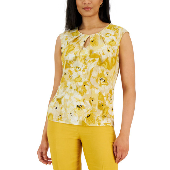 Printed Floral Keyhole Neck Cap Sleeve Top