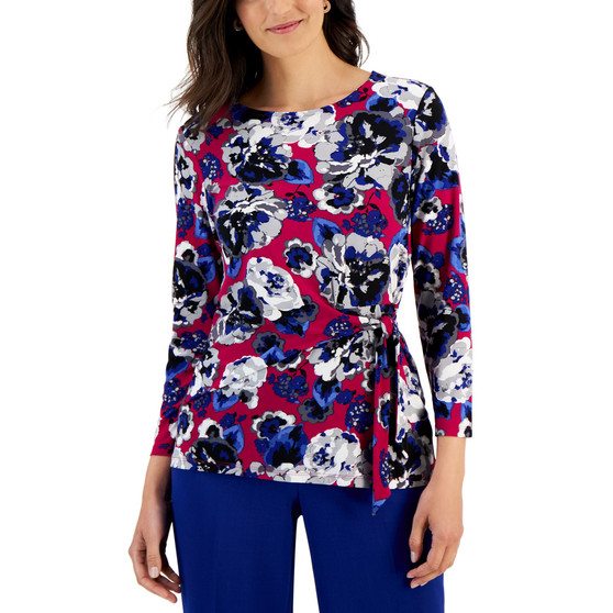 Women's Side-Tie 3/4-Sleeve Printed Knit Top