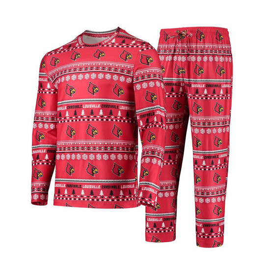 Men's Red Louisville Cardinals Ugly Sweater Long Sleeve T-shirt and Pants Sleep Set