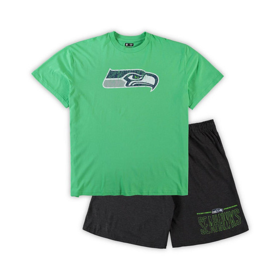 Men's Neon Green, Heathered Charcoal Seattle Seahawks Big and Tall T-shirt and Shorts Set