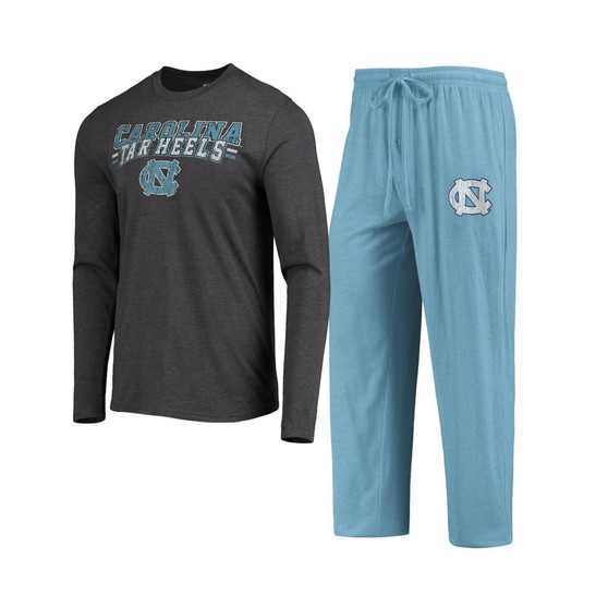Men's Carolina Blue, Heathered Charcoal North Carolina Tar Heels Meter Long Sleeve T-shirt and Pants Sleep Set