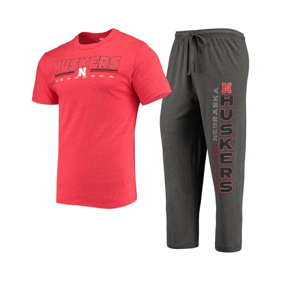 Men's Heathered Charcoal, Scarlet Nebraska Huskers Meter T-shirt and Pants Sleep Set