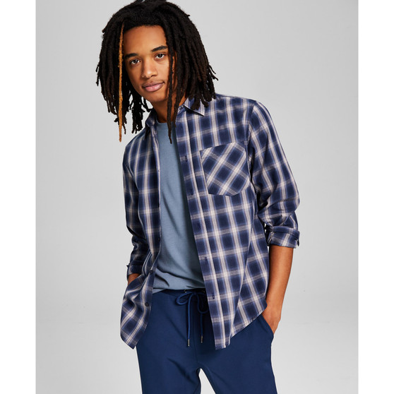 Men's Woven Plaid Long-Sleeve Button-Up Shirt