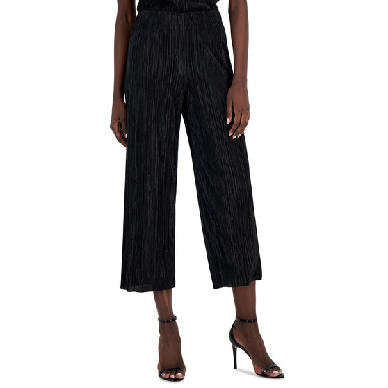 Women's Mini-Pleated Knit Pull-On Wide-Leg Cropped Pants