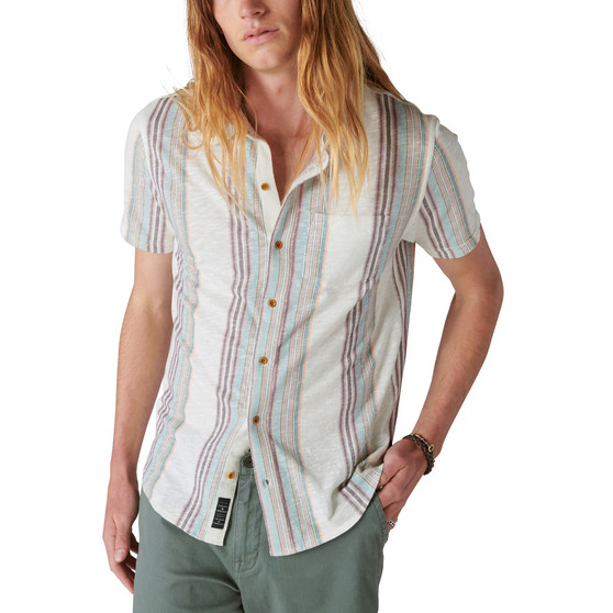 Men's Linen Short Sleeve Multi Stripe Button Up Shirt