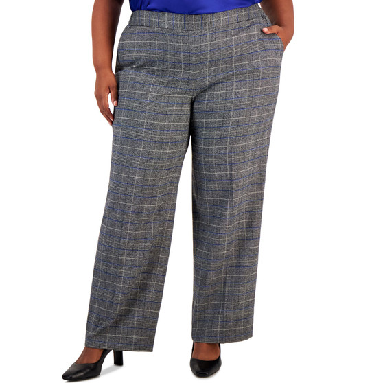 Plus Size Plaid Pull-On Straight-Leg Pants