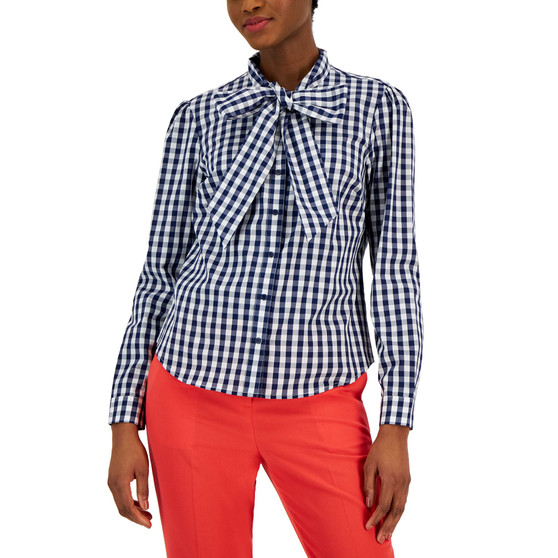 Women's Cotton Bow-Tied Gingham Blouse