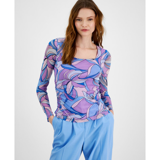 Women's Printed Ruched Square-Neck Mesh Long-Sleeve Top, Created for Macy's