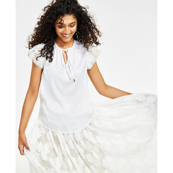 Women's Lace Cap-Sleeve Split-Neck Top