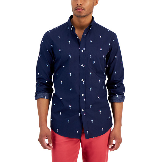 Men's Cocktail Lite Regular-Fit Printed Button-Down Poplin Shirt, Created for Macy's
