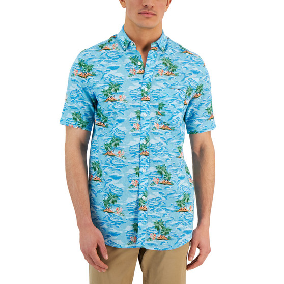 Men's Island Waves Classic-Fit Textured Tropical-Print Button-Down Shirt, Created for Macy's